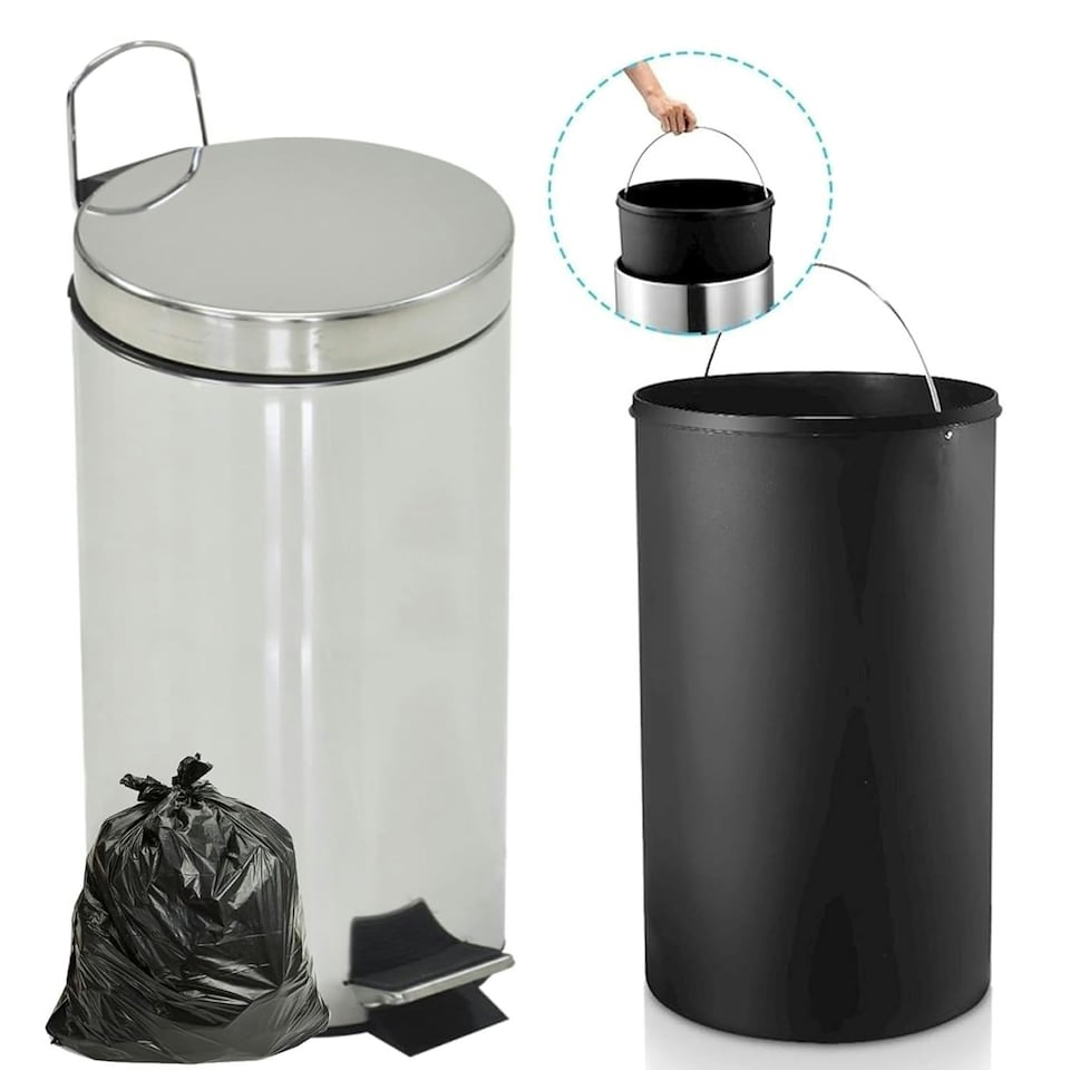 image 1 of 30L Stainless Steel Slim Indoor Kitchen Bin With Handle & Inner Bin Silver