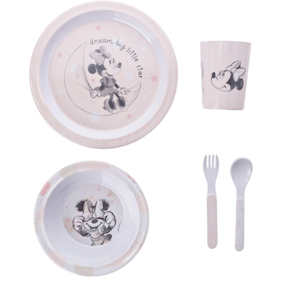 image 1 of Disney Minnie Baby 5 Piece Melamine Feeding Set Cup Bowl Plate Cutlery