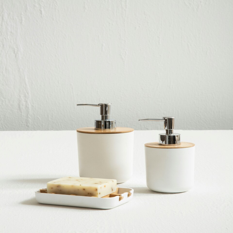 image 1 of Interiors by Premier Subtle White Lotion Dispenser With Bamboo Fibre Body, Liquid Soap Pump For Hand Wash, Moisturizer Dispenser