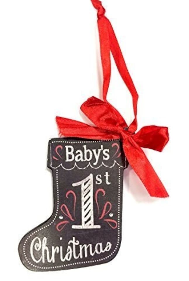 image 1 of Baby's 1st ChristmasnTree Decoration-Stocking Shape In A Chalkboard Plaque Style