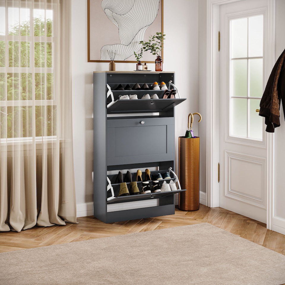image 1 of Vida Designs 3 Drawer Hallway Shoe Storage Cabinet Unit Compact Design - Grey & Oak