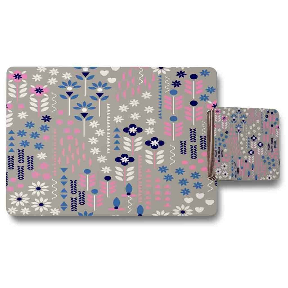 Selection of Flowers in Pink, Blue & White (Placemat & Coaster Set)