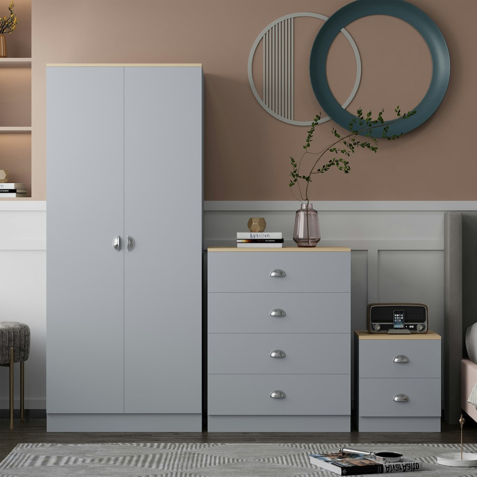 image 1 of FWStyle Esher 3 Piece Bedroom Furniture Set Matt Grey Oak Top