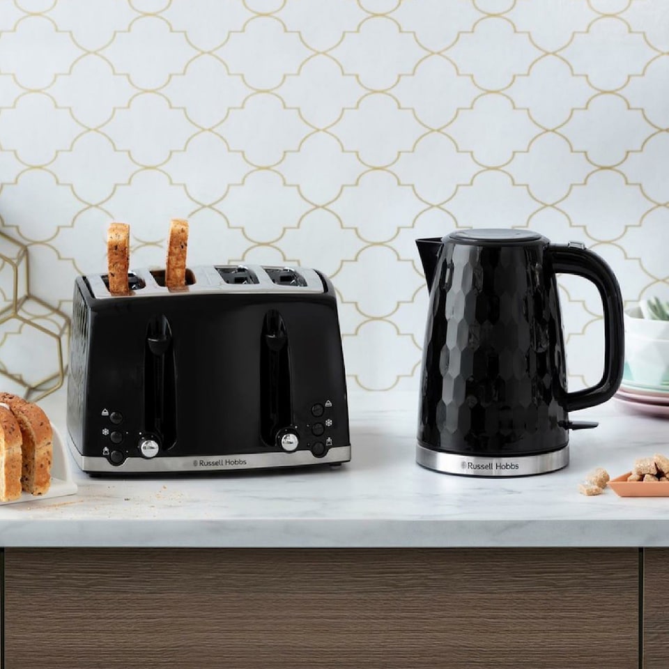 image 1 of Russell Hobbs Honeycomb Bundle Set with Kettle, 4 Slice Toaster, and Microwave Black HCBNDL4B
