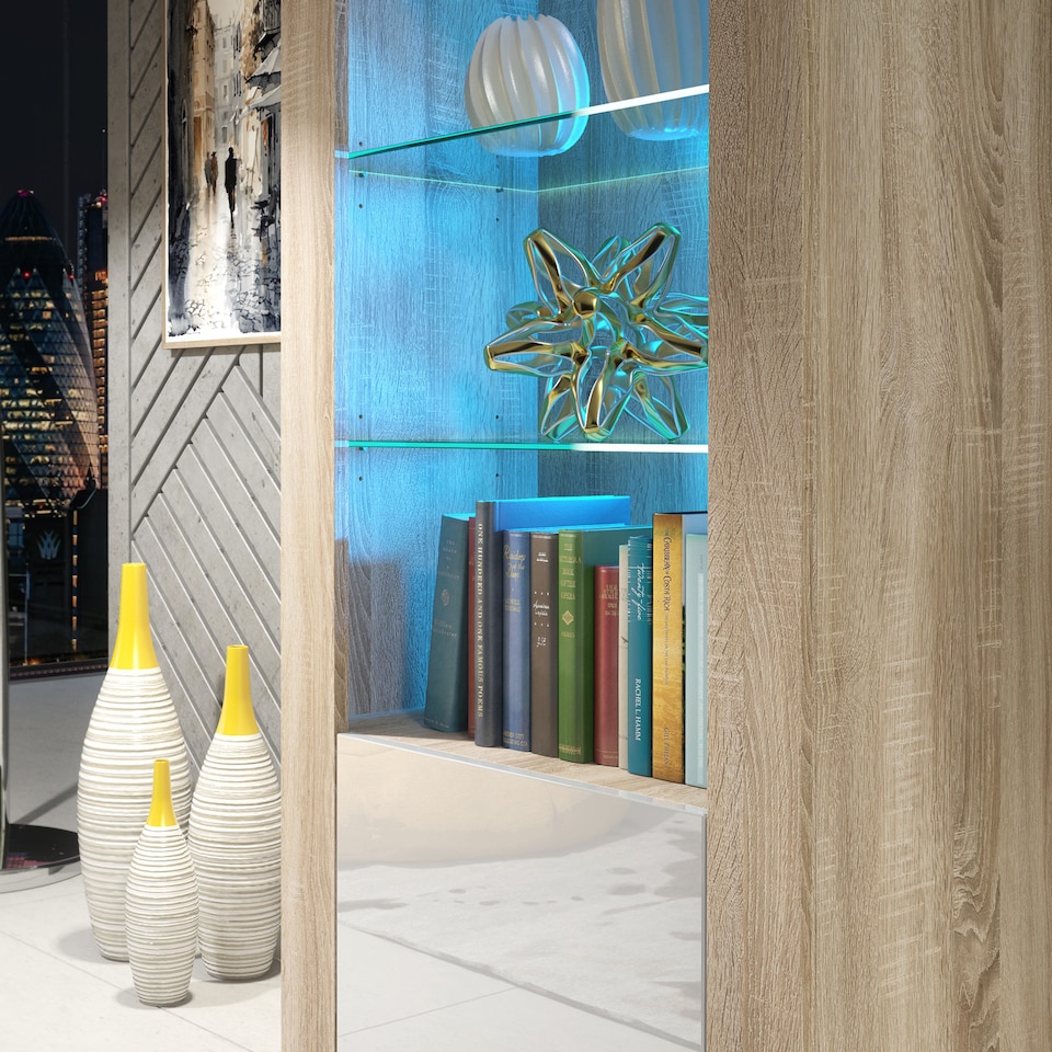 image 1 of Display Cabinet Bookcase Sideboard Storage Cabinet Cupboard Oak White High Gloss LED 170cm