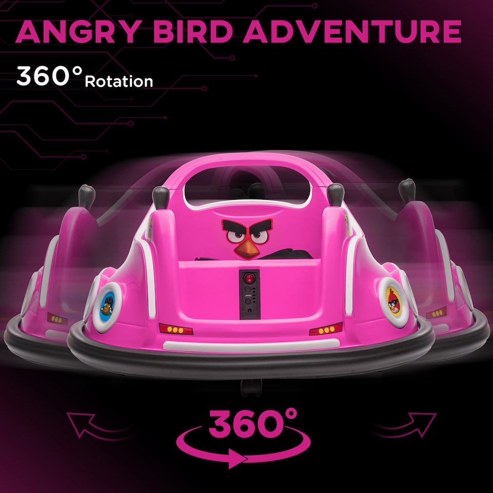 image 1 of AIYAPLAY 12V Kids Bumper Car, Angry Bird Licensed 360 degrees Children Electric Waltzer Car with Joysticks, Remote Control, Music USB LED Lights, for 3-5 Years Old, Pink