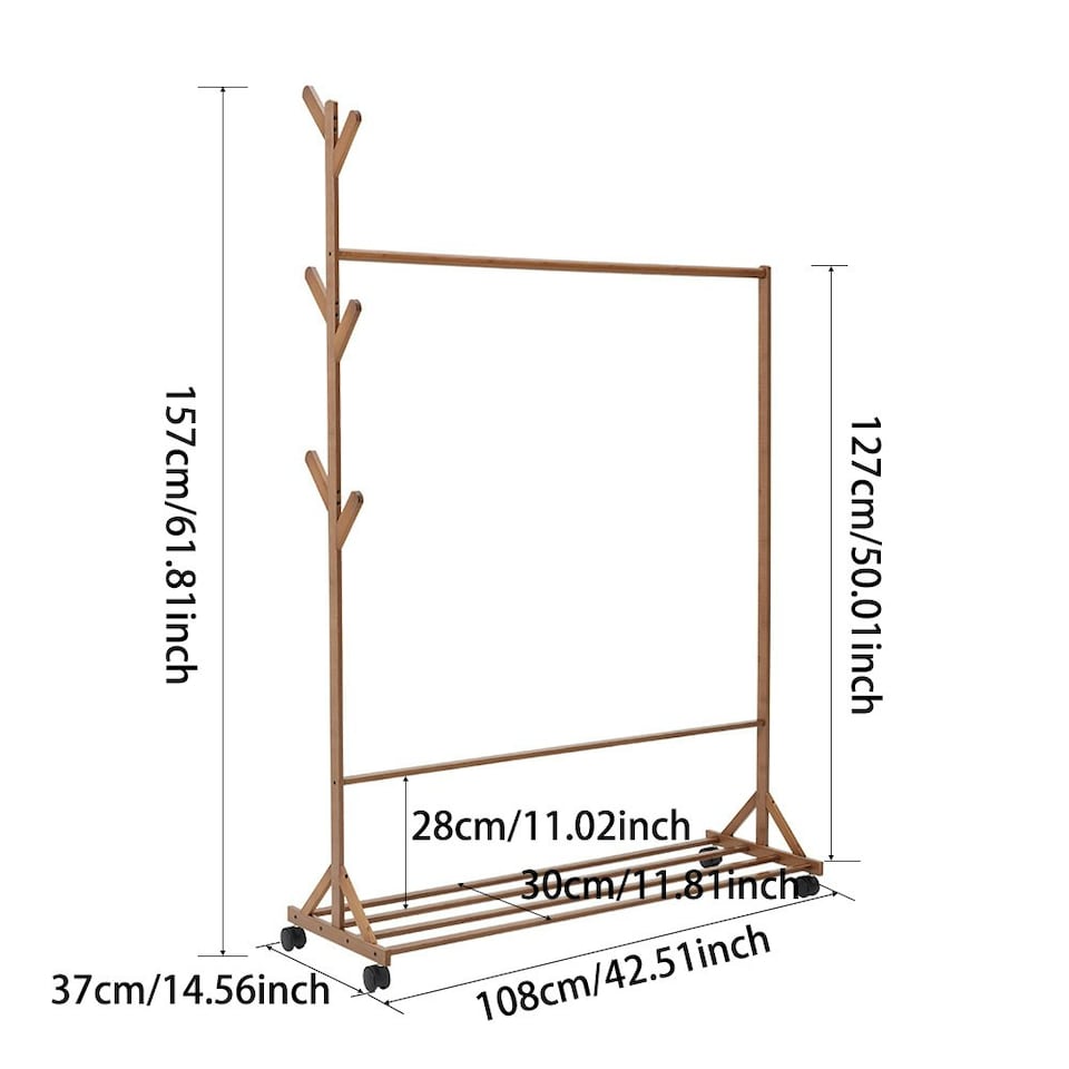 image 1 of Living and Home Bamboo Garment Hat Rack with Wheels 108 W x 37 D x 157 Hcm | Multi | Not provided