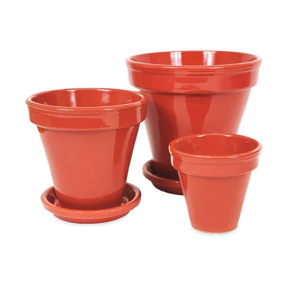 image 1 of Verano Spanish Ceramics Set of 3 Plant Pots & Drainage Plates - 16-29cm Dipped Red