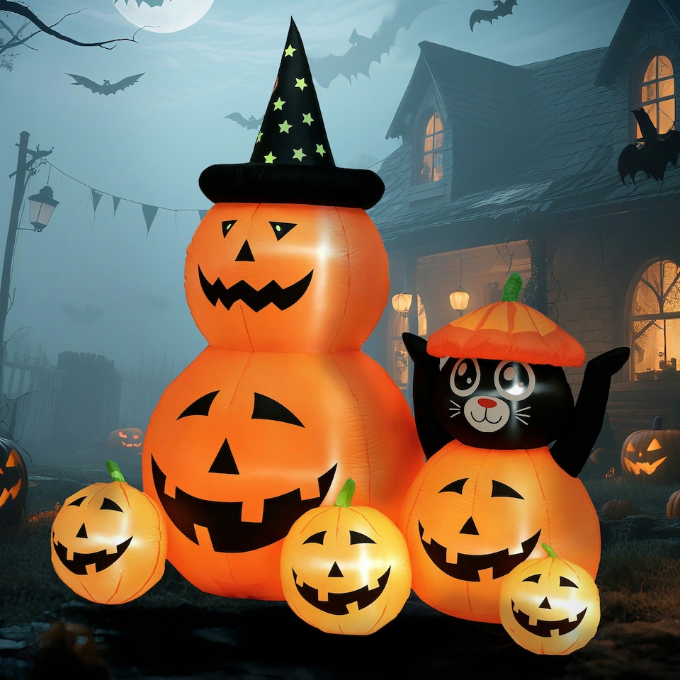 image 1 of Outsunny Pumpkin and Cat with LED Lights, Halloween Inflatables Decoration