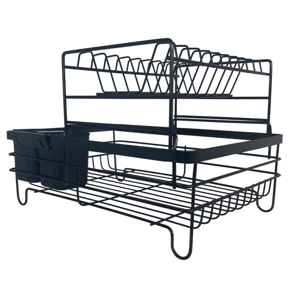 image 1 of Oypla 2 Tier Multifunction Dish Drainer Drying Rack with Cutlery Holder and Removable Tray Black