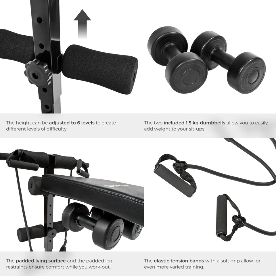 image 1 of Sit-Up Bench Cuttler - 6 positions, padded leg brace, foldable, inc. 2 dumbbells and elastic bands