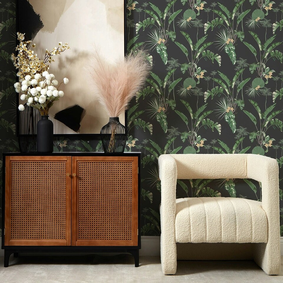 image 1 of Tropical Paradise Wallpaper in Green on Charcoal Multi