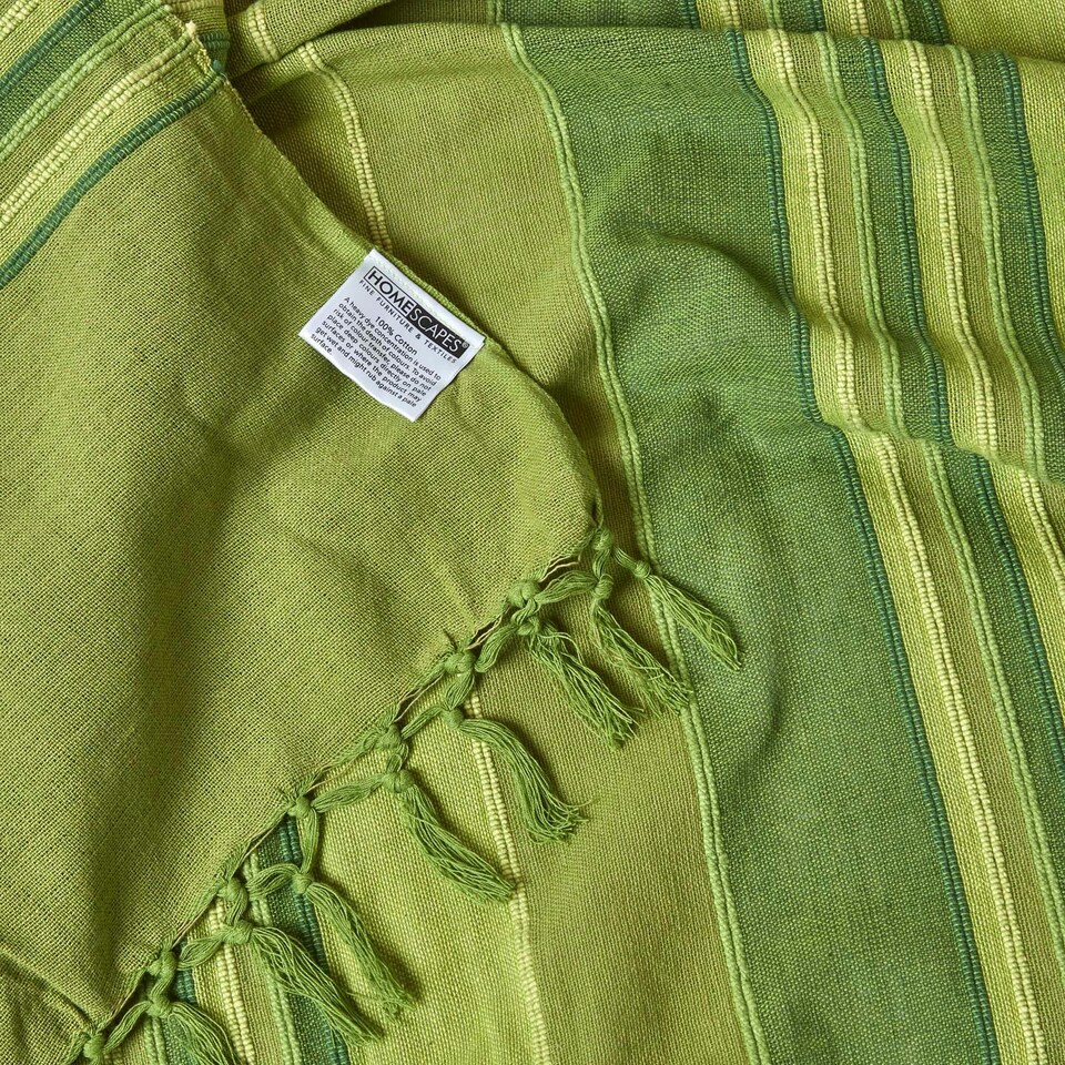 image 1 of Homescapes Cotton Morocco Striped Green Throw - 225 x 255 cm Green