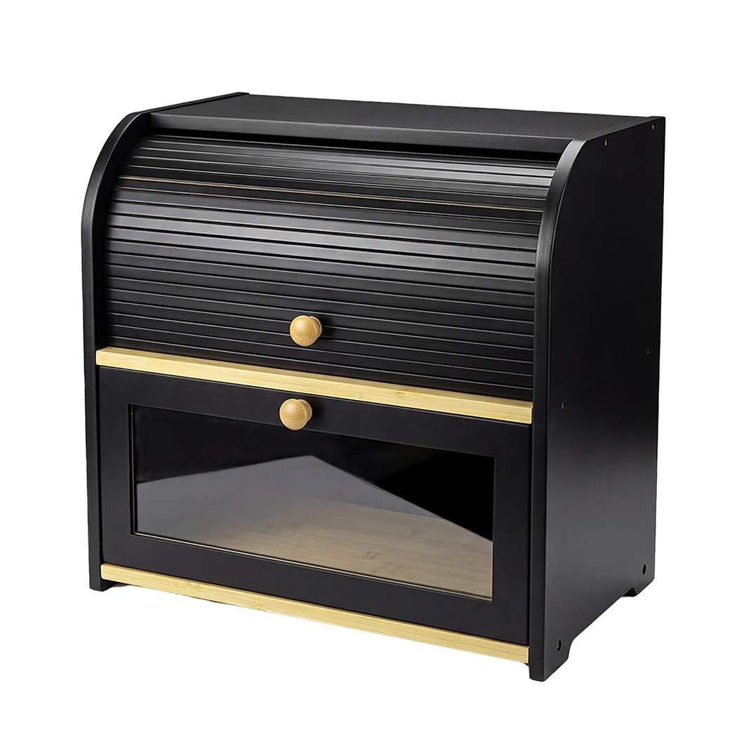Toque Bread Box 2-Tier Large Capacity Roll Top Black Bamboo Acrylic Door