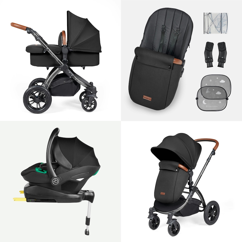 image 1 of Stomp Luxe 12pc Travel System with Stratus i-Size Car Seat & ISOFIX Base, Carrycot, Reversible Seat, Rain Cover & More (Black/Midnight/Tan)
