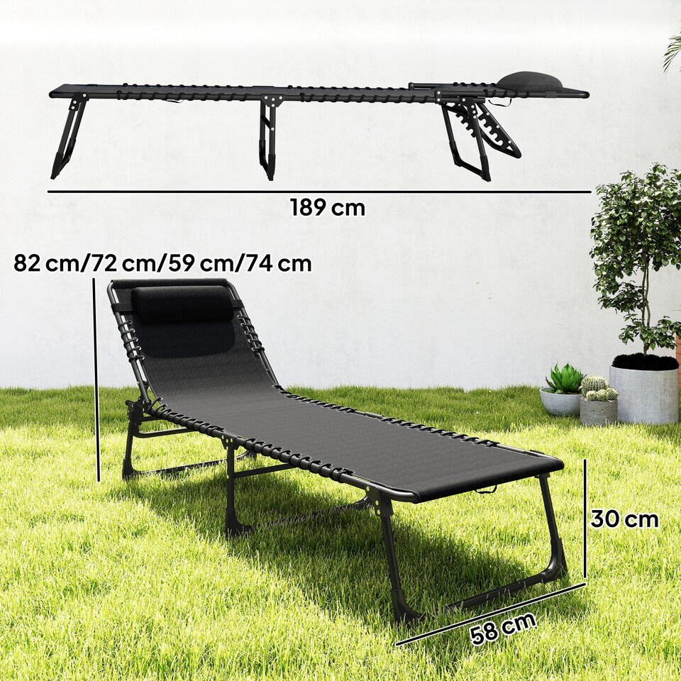 image 1 of Outsunny Foldable Sun Lounger, Outdoor 4 Level Adjustable Backrest Reclining Chaise Chair, Steel Frame Recliner Chair for Camping, Hiking, Black