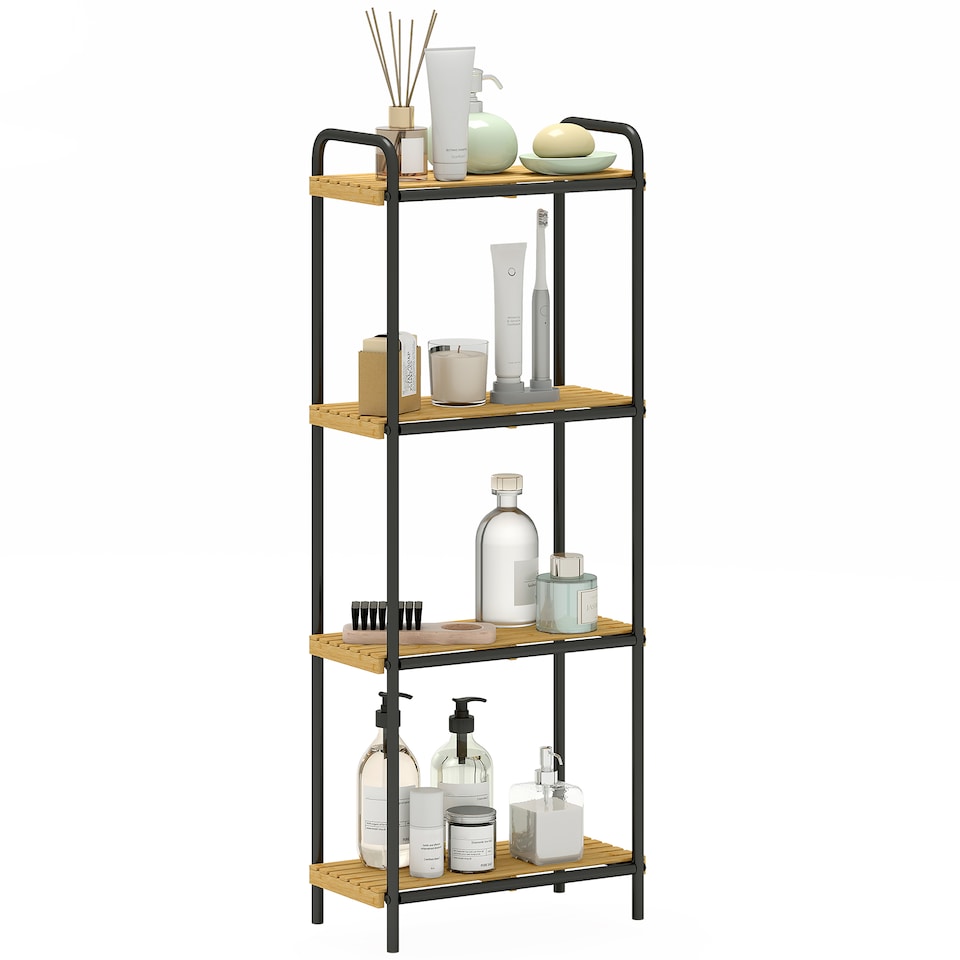 image 1 of HOMCOM 4-Tier Bamboo Bathroom Storage Shelf, Freestanding Narrow Shelving Unit with Slatted Shelves for Kitchen Bathroom Living Room, 41.5 x 21.5 x 106 cm, Natural and Black | Black