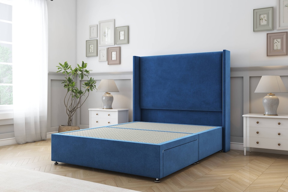 image 1 of Sloomy Devonshire Navy Plush Divan Bed Base 2 Drawers Foot-End With 54 Inch Wingback Headboard | Blue | Navy | Double | 1