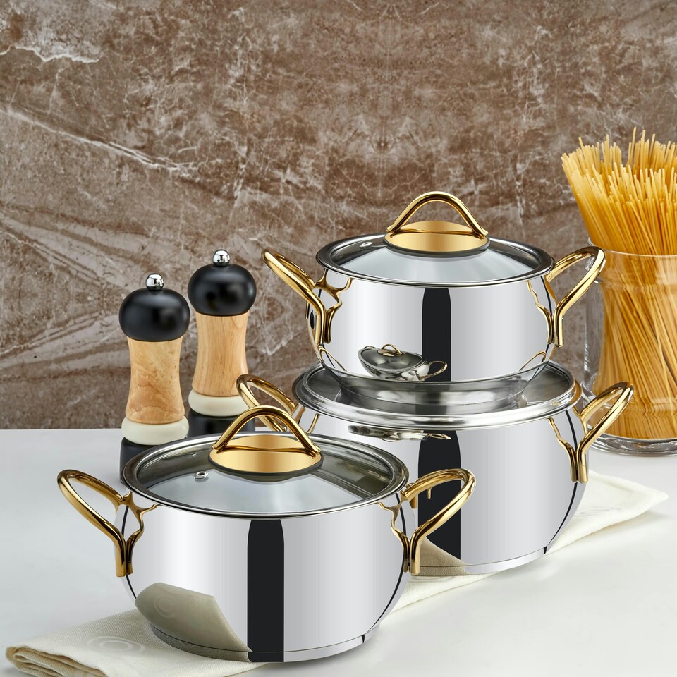 image 1 of Sevval Collection 6-piece Stainless Steel Mini Cookware Set (Gold Handles)