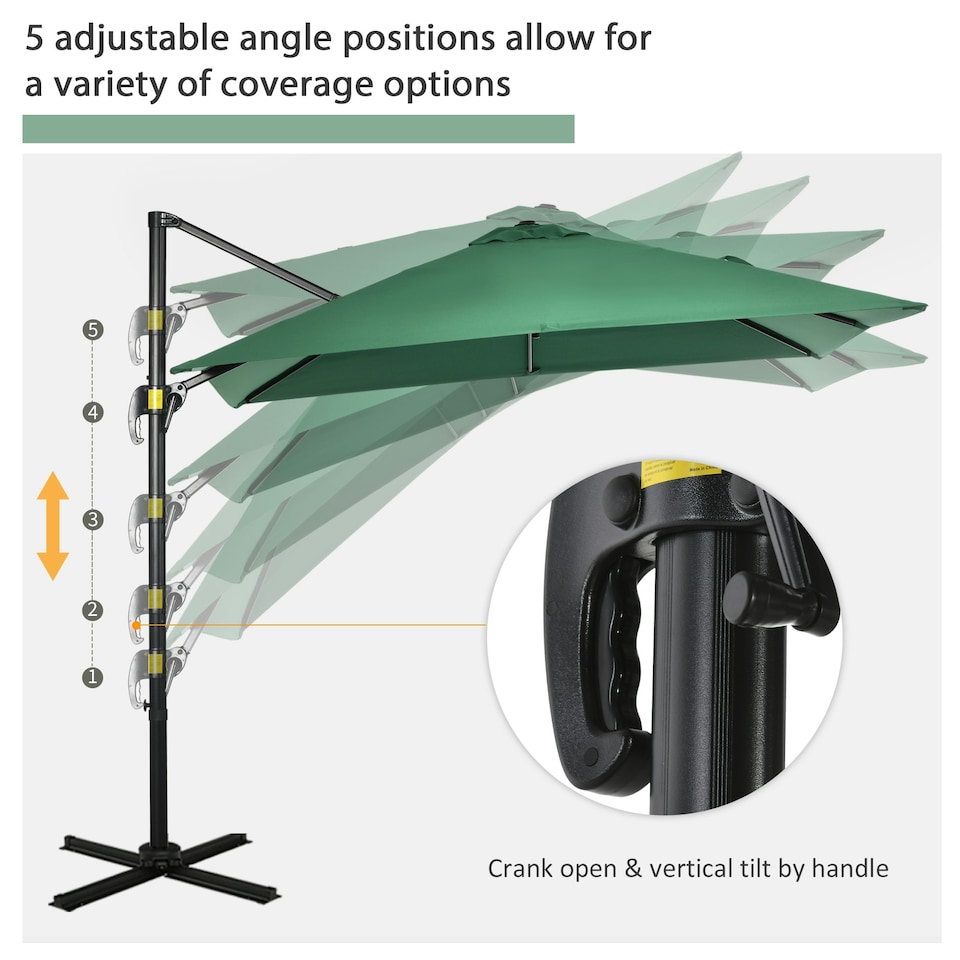 image 1 of Outsunny Square Cantilever Roma Parasol, 360-Degree Rotation, Green