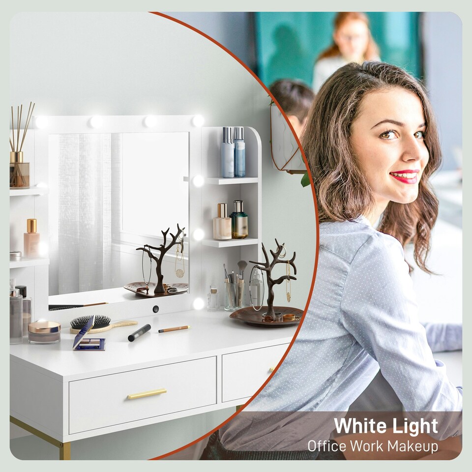 image 1 of HOMCOM Makeup Vanity Desk Set with Lighted Mirror, Stool, Drawers, White