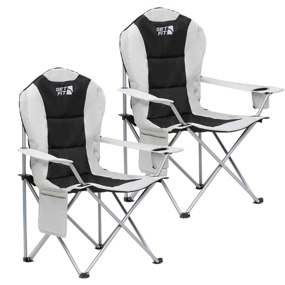 image 1 of Get Fit Set of 2 Camping Chairs Outdoor Folding Chair, Magazine Pocket, Cup Holder & Carry Bag Weight Capacity of 130kg - Grey