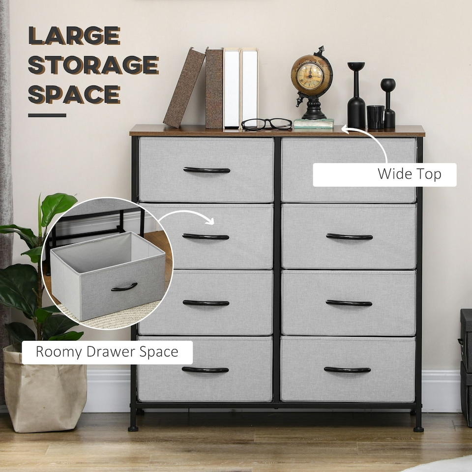 image 1 of HOMCOM 8 Drawer Fabric Chest of Drawers w/ Wooden Top for Hallway Grey