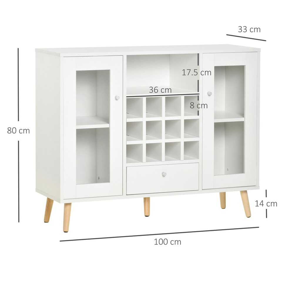 image 1 of HOMCOM Sideboard Cabinet Kitchen Cupboard with Glass Doors, Drawer & Wine Rack White | Natural wood legs