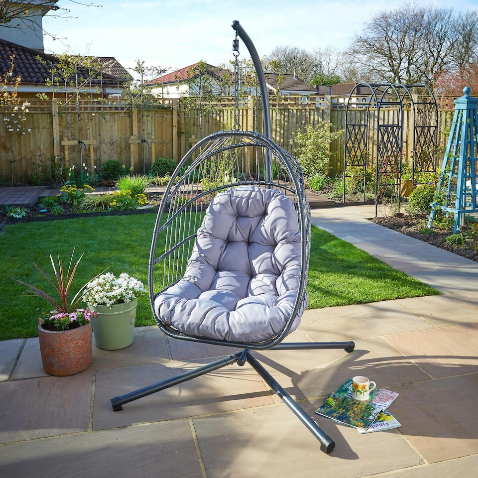 image 1 of Hanging Egg Chair Rattan Black Waterproof Dark Grey Cushion Indoor Outdoor Seat