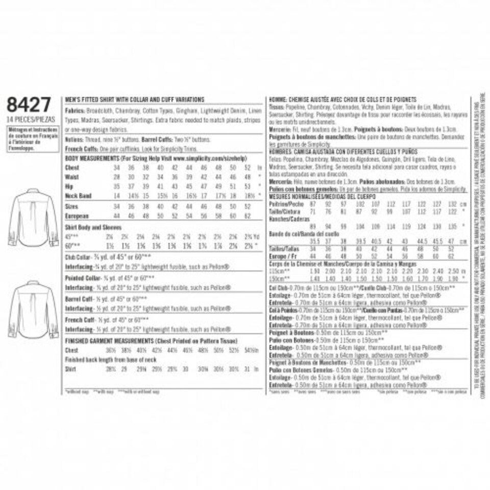 image 1 of Simplicity 8427 Paper Sewing Pattern – Men’s Shirt, Sizes Aa (34–36–38–40–42), Intermediate