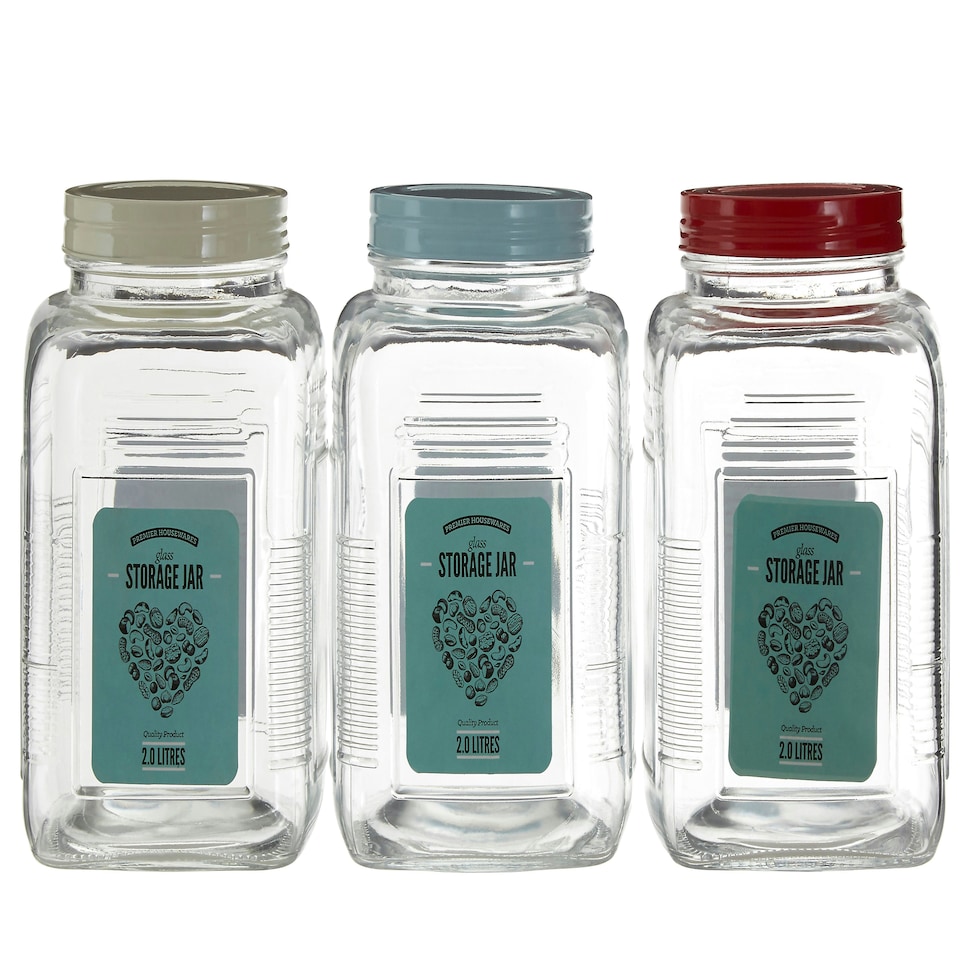 image 1 of Interiors by Premier Luca Assorted Square Clear Glass Large Storage Jar, 2L Capacity, Colourful Screw-On Iron Lid