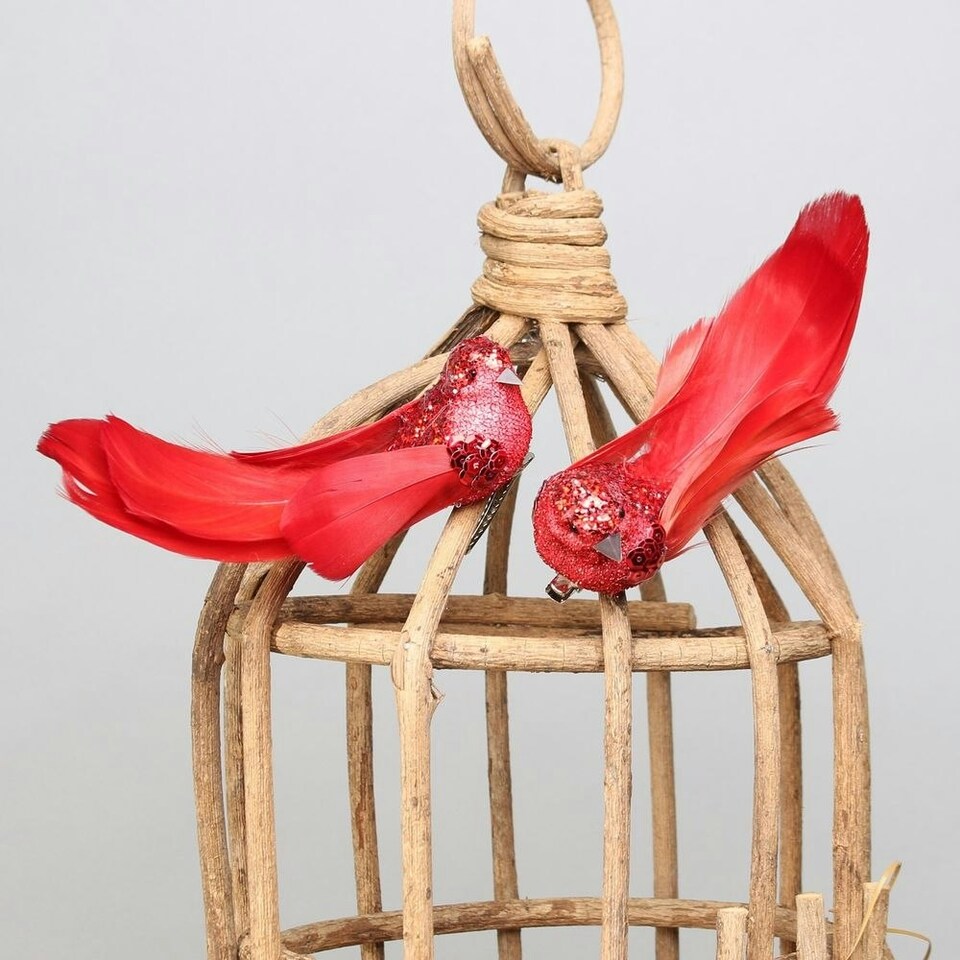 image 1 of Pair of Red Decorative Glitter Birds With Clip - 13cm