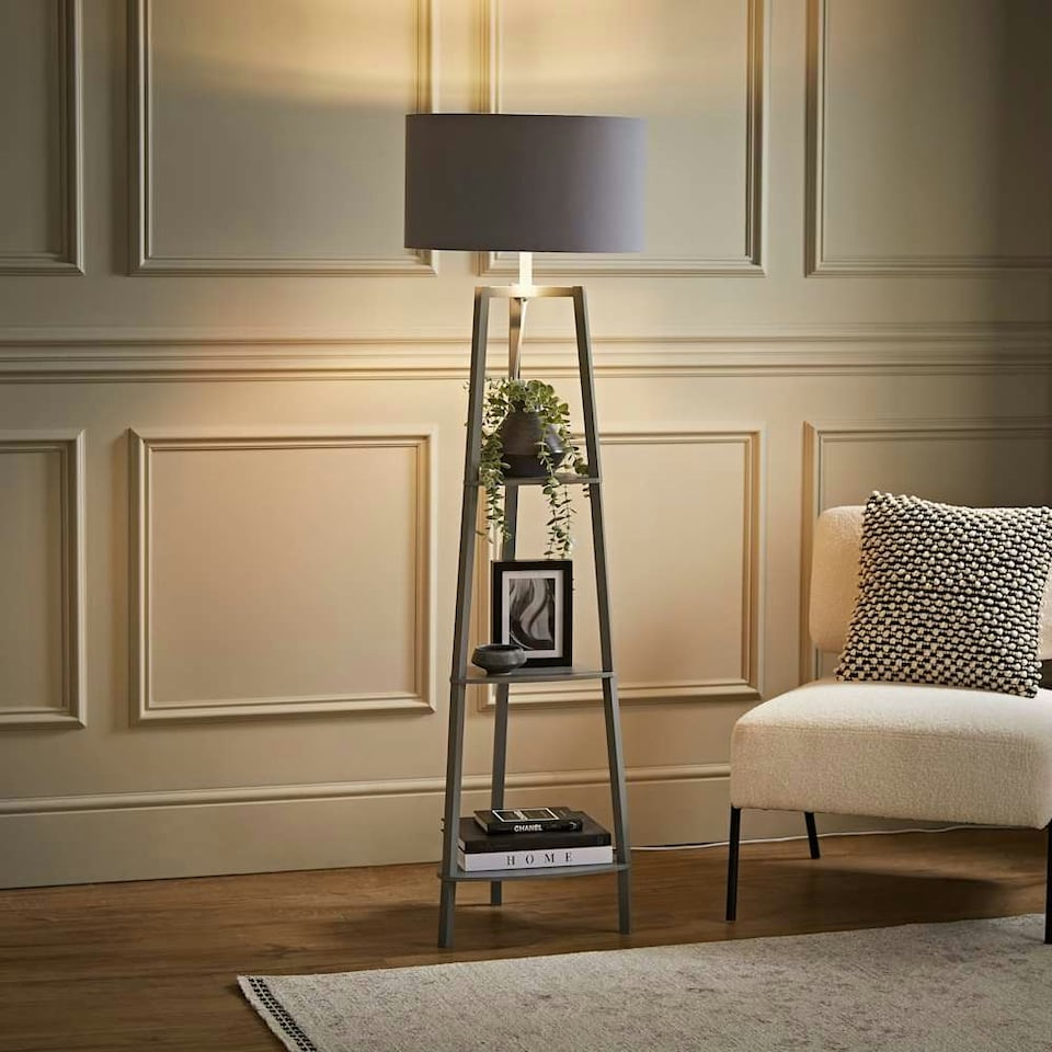 image 1 of ValueLights Hiru Grey 3 Tier Shelf Floor Lamp Grey Chrome Shade Grey