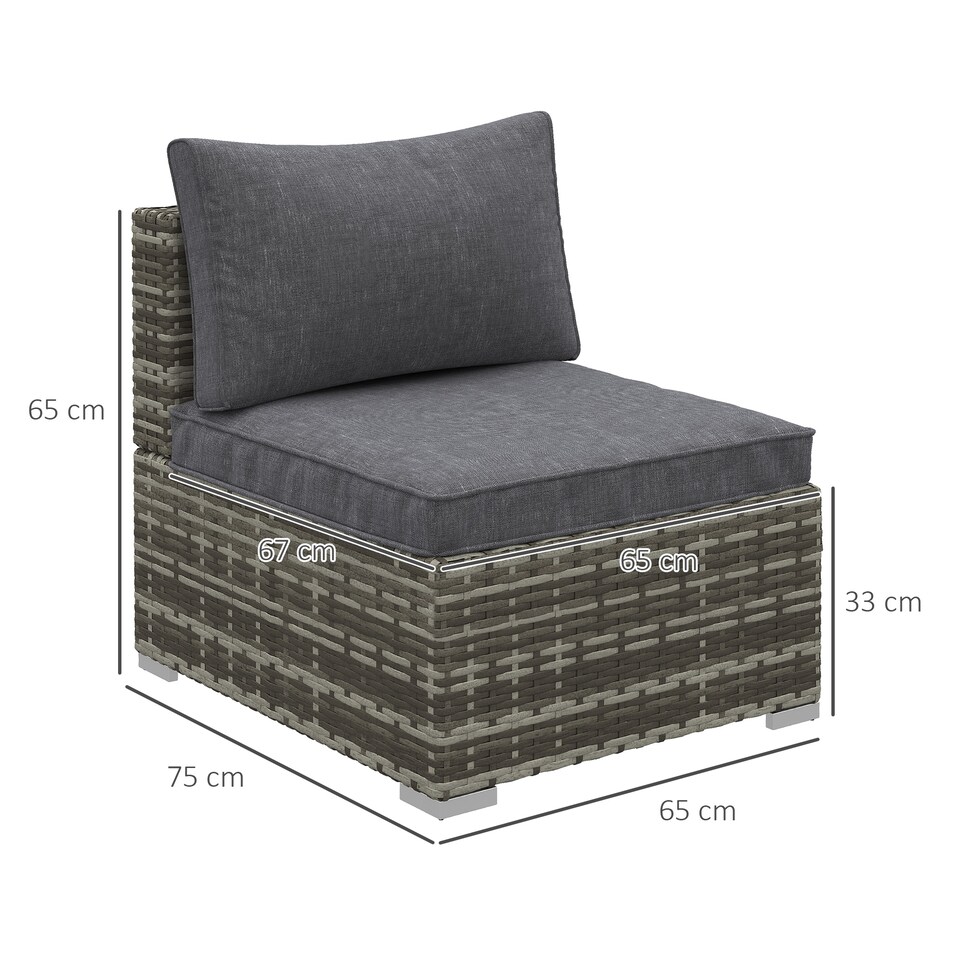 image 1 of Outsunny Armless Rattan Garden Chair, Outdoor Rattan Chair with Cushions, PE Wicker Garden Furniture with Steel Frame, Adjustable Footpads for Garden, Terrace, Deep Grey | Grey | One Size