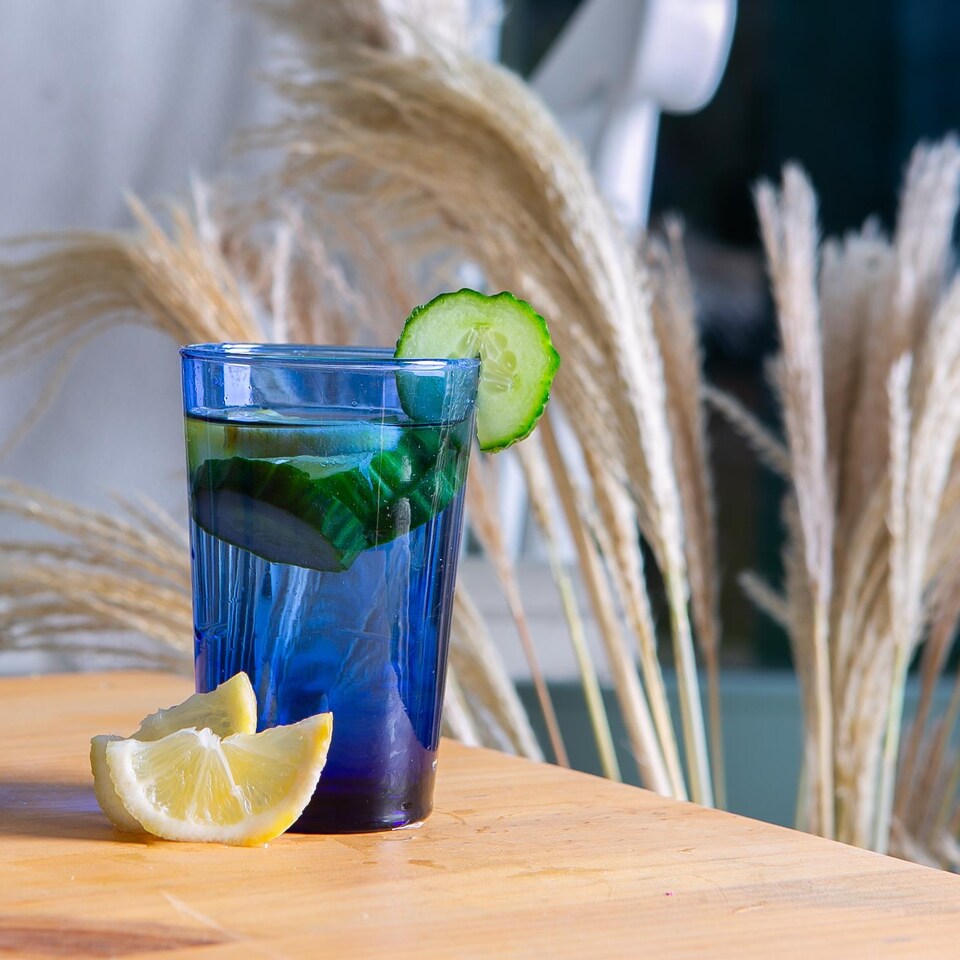 image 1 of Nicola Spring Meknes 325ml Highball Glasses - Hand-Blown Moroccan Recycled Water Juice Drinking Glasses - Blue Glass - Set of 6 | Blue | Blue | 325ml: 12 x 7.5 x 7.5 CM | 6