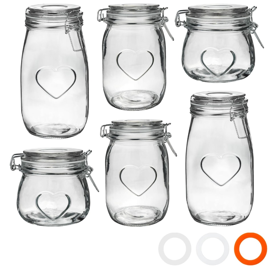 image 1 of Nicola Spring 6pc Glass Storage Jar Set - Airtight Clip Lid Kitchen Vintage Round Preserving Container Heart Shaped Design