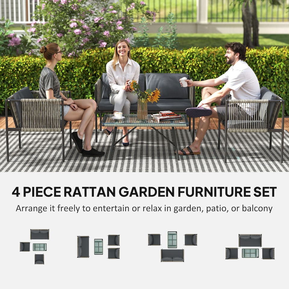 image 1 of Outsunny 4 Piece Rattan Garden Furniture Set, 4 Seater Wicker Outdoor Furniture Set with 2 Armchairs, Loveseat, Glass Top Coffee Table and Cushions for Balcony, Porch, Grey