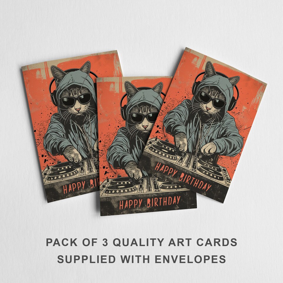 image 1 of DJ Cat Hoodie Birthday Card Cool Sunglasses Set of 3 Greeting Cards Blank Inside