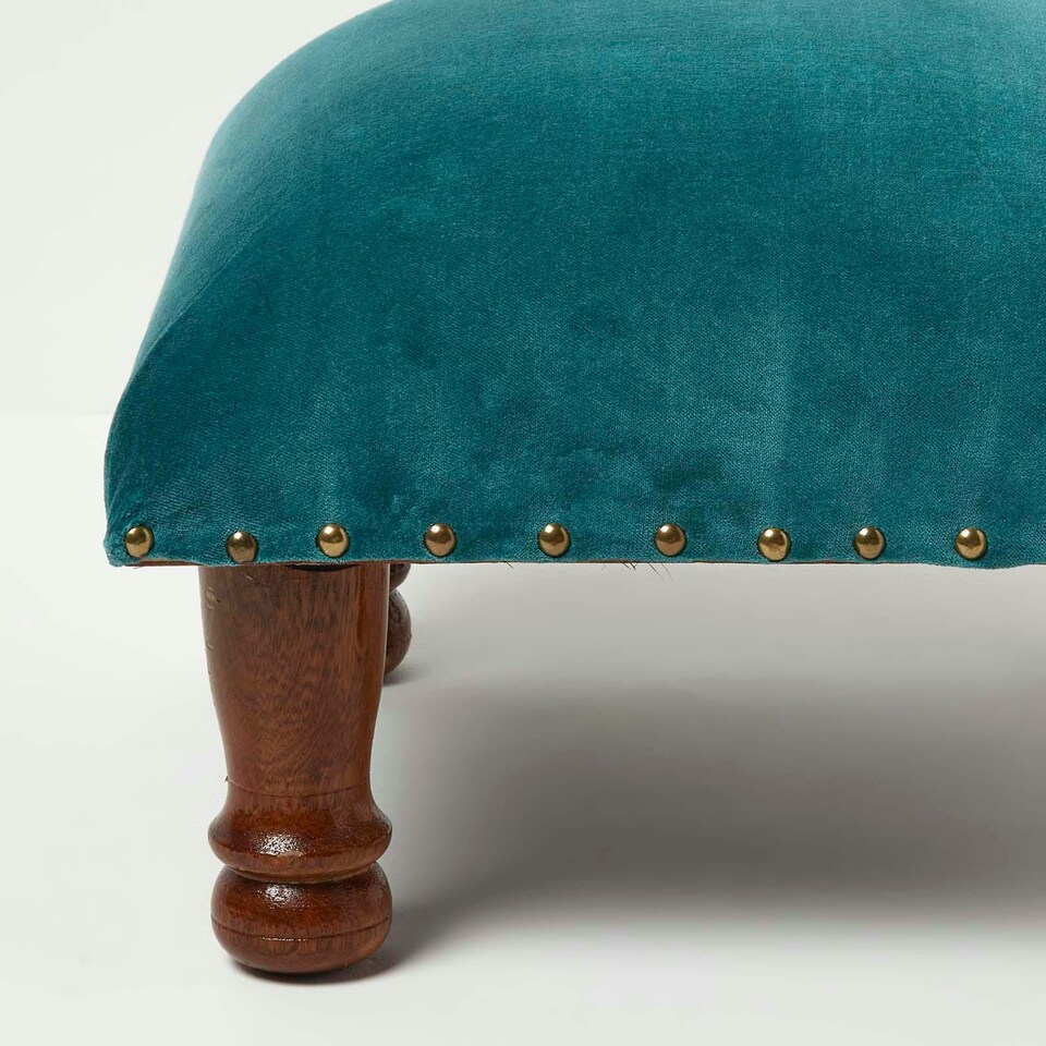 image 1 of Homescapes Mable Teal Green Velvet Square Footstool