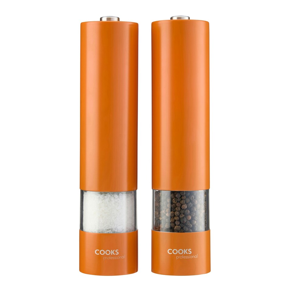 image 1 of Cooks Professional Electric Salt & Pepper Mill Set | Adjustable Grind Settings | Simple One-Button Operation | Orange