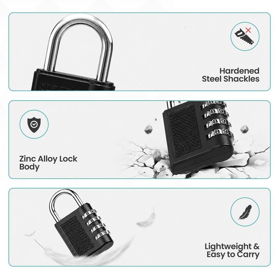 image 1 of 4-Digit Coded Padlock, Black Heavy-Duty Combination Padlock - 3pcs
