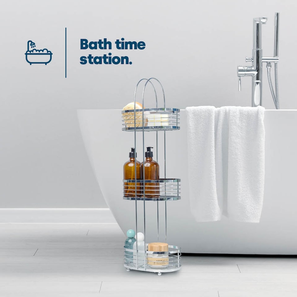 image 1 of 3 Tier Floor Standing Oval Chrome Bathroom Caddy
