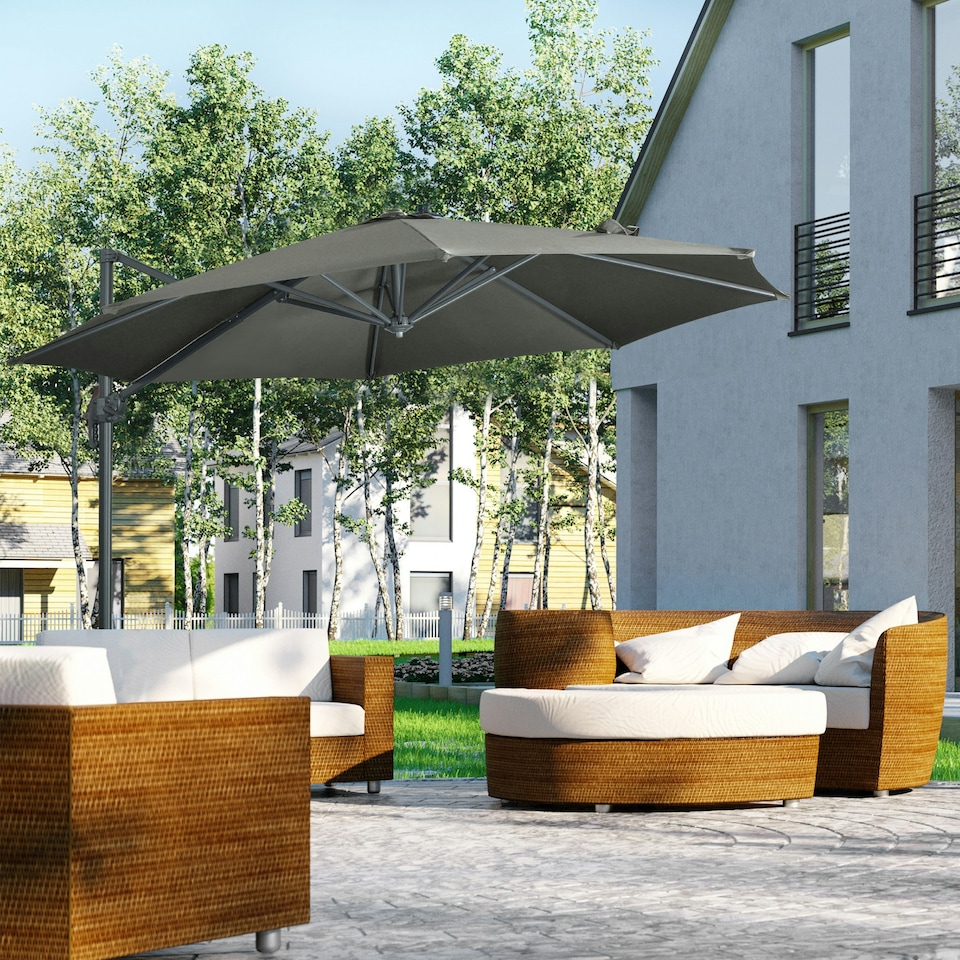 image 1 of Outsunny Cantilever Parasol Garden Umbrella with Cross Base Grey