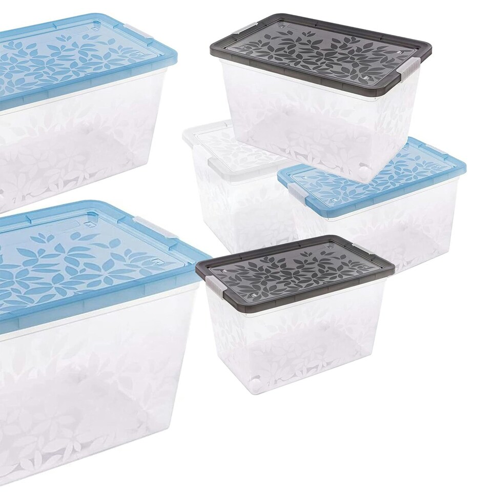image 1 of 55L Set Of 3 Strong Elegant Jasmine Leaves Storage Containers With Lids Ideal For Wardrobe Organisation Clear