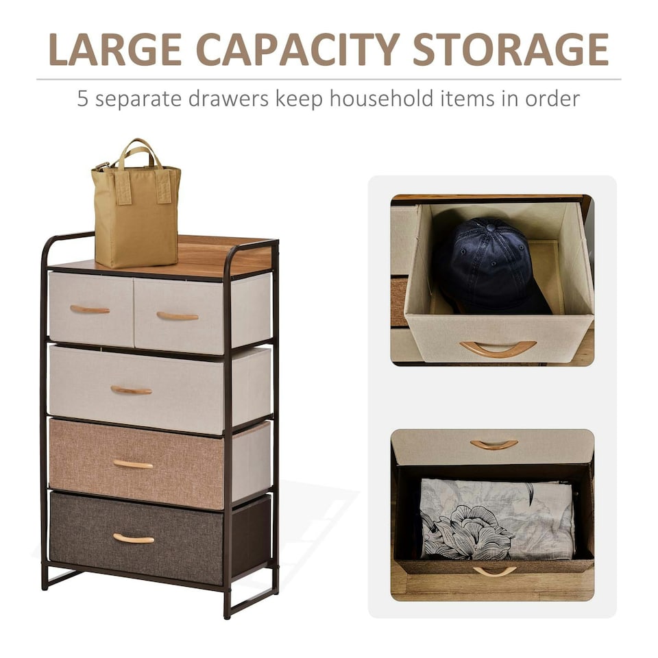 image 1 of HOMCOM Closet Dresser, Dresser Tower With 5 Linen Fabric Drawers Steel Frame