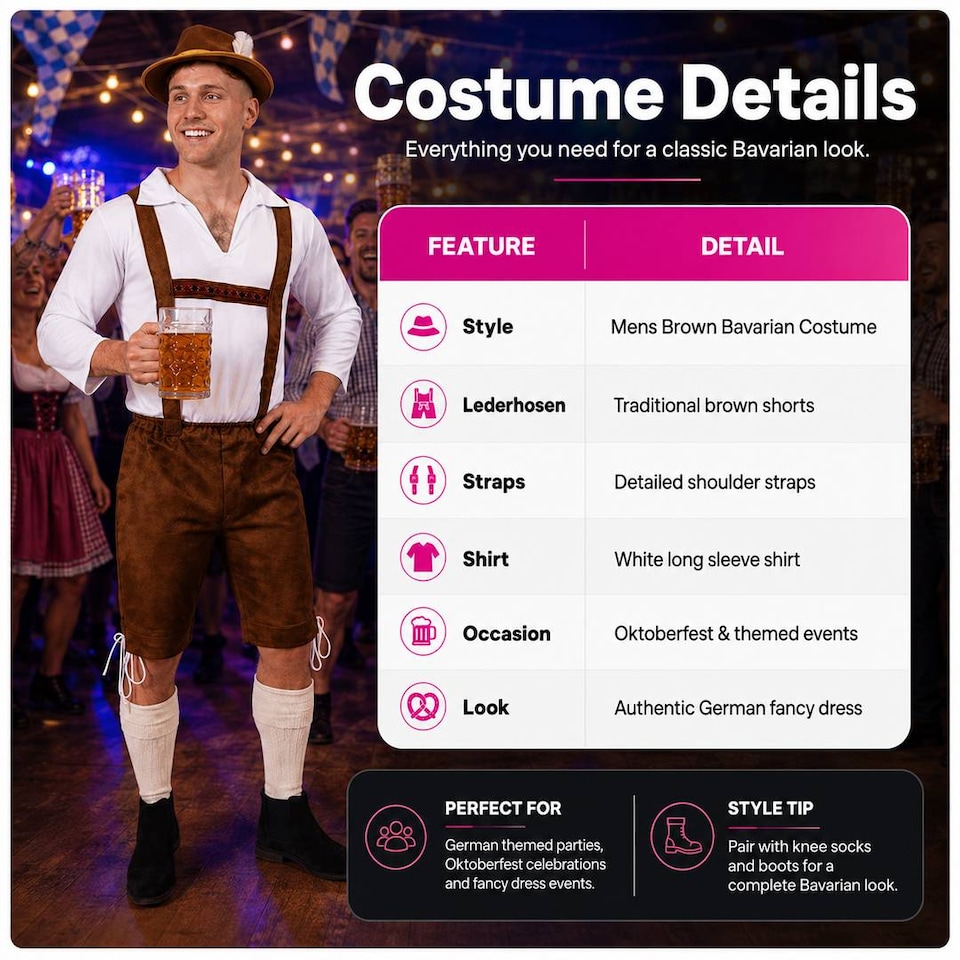 image 1 of Mens Oktoberfest Bavarian Costume Brown Lederhosen Beer Festival German Fancy Dress Outfit