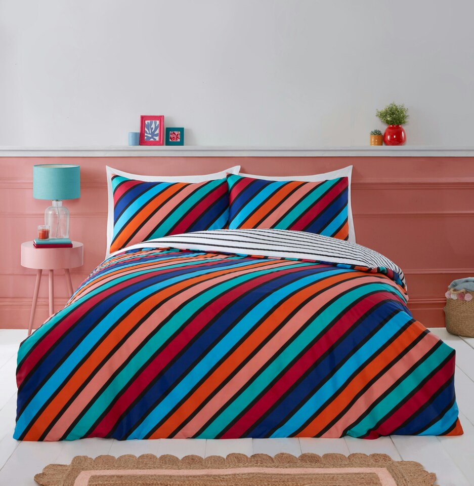 image 1 of Oxford Stripe Microfibre Reversible Duvet Cover Set with Pillowcase | Blue | Double