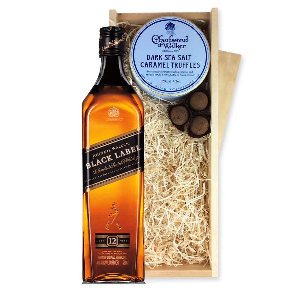 image 1 of Johnnie Walker Black Label Whisky And Dark Sea Salt Charbonnel Chocolates Box 70cl 40% abv