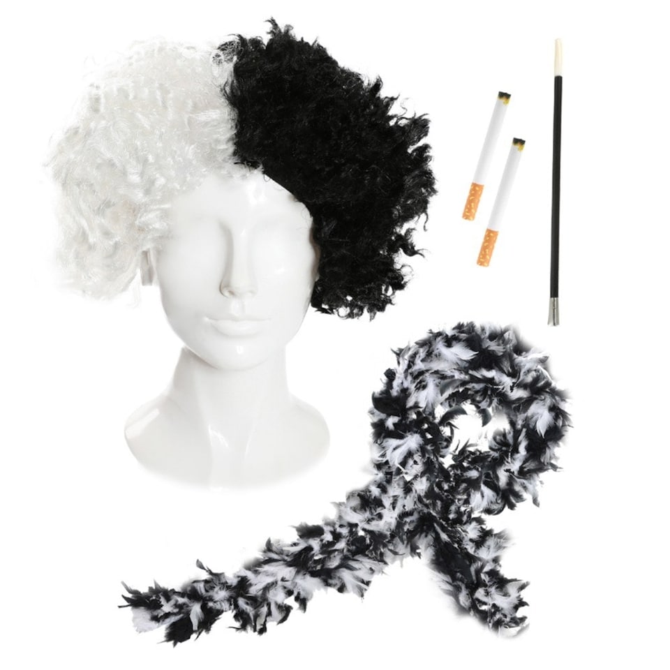 image 1 of Evil Dog Lady Accessory Set - Wig, Boa & Fake Cigarettes Black | One Size