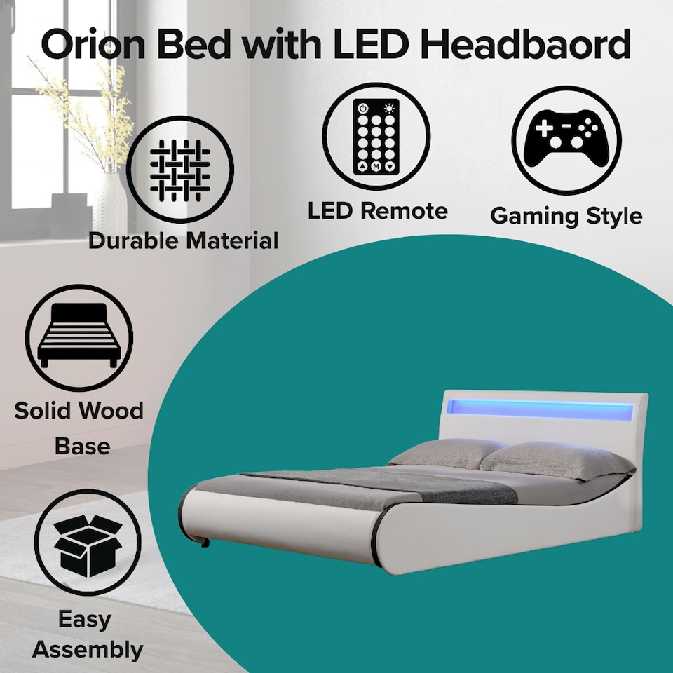 image 1 of Orion LED Lights Headboard Gaming Style White and Black Faux Leather Bed Frame (Double) | White | White